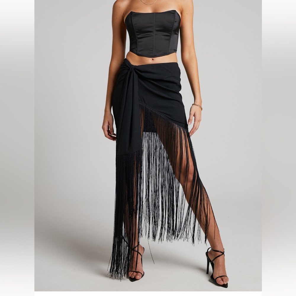 Showpo sharia wrap mini skirt with fringing in black